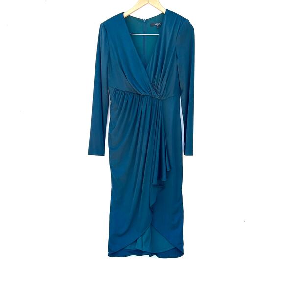 Badgley Mischka Slinky Satin Draped Midi Wrap Cocktail Dress Emerald Green 8 - Picture 3 of 12